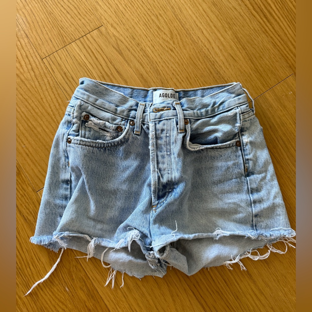 Agolde Light Blue Frayed Denim Shorts